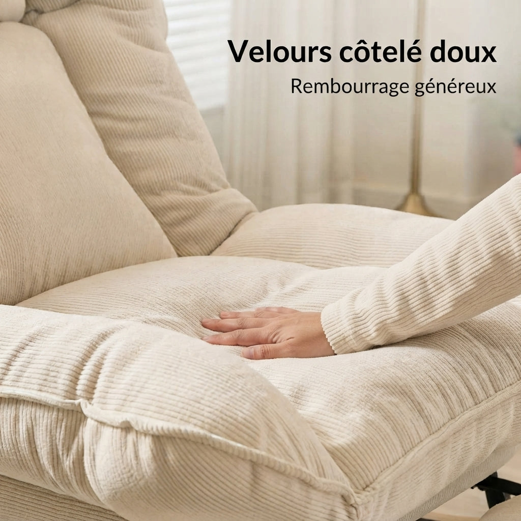 Détail du revêtement en velours côtelé beige du fauteuil Neryn