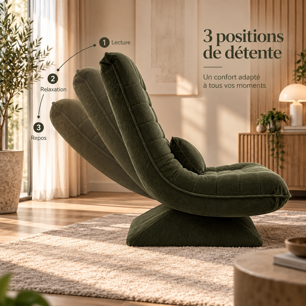 Trois positions d'inclinaison du dossier du fauteuil Njal
