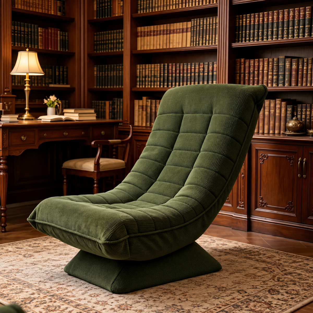 Fauteuil de relaxation Njal en velours côtelé dans une bibliotheque