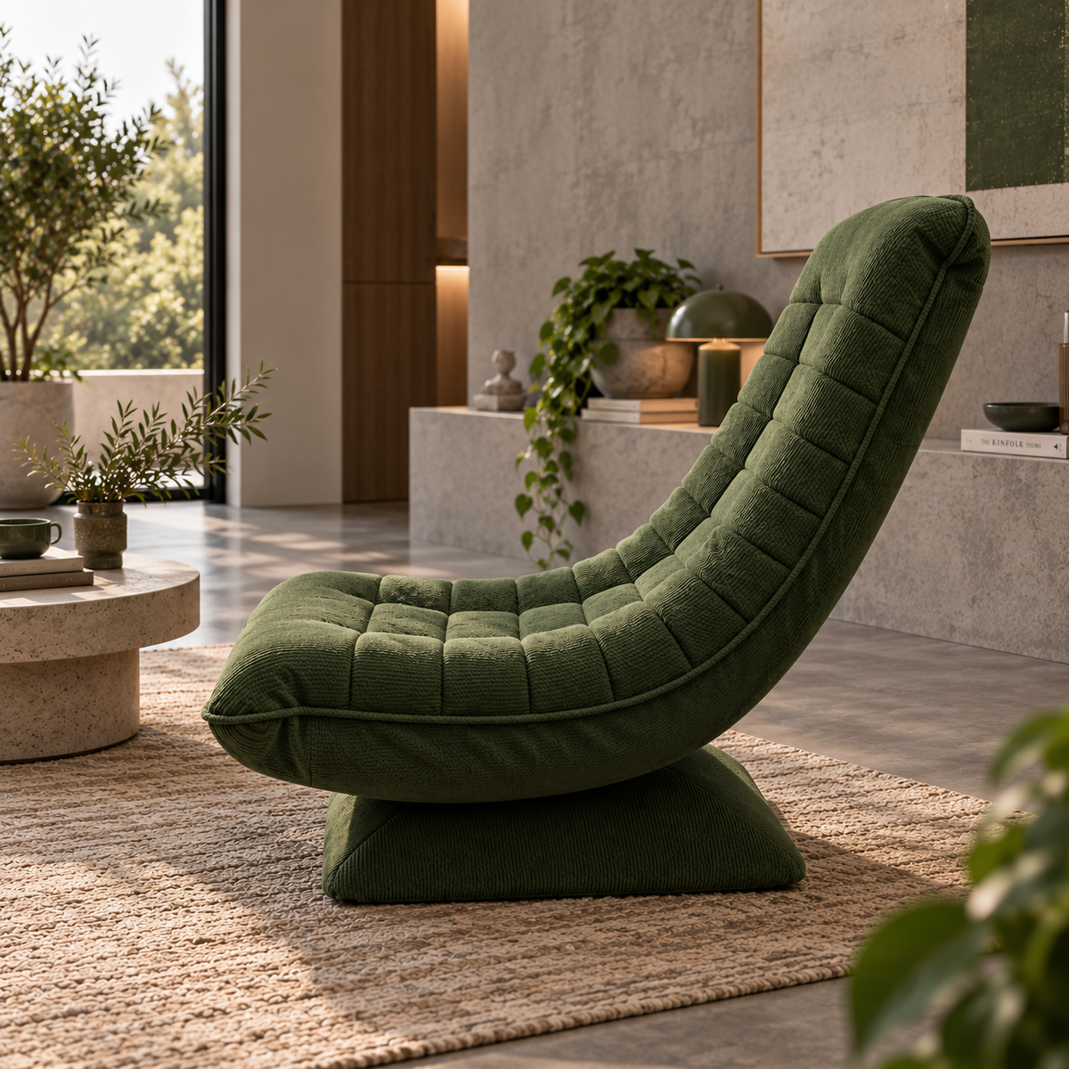 Fauteuil de relaxation Njal en velours côtelé dans un salon moderne