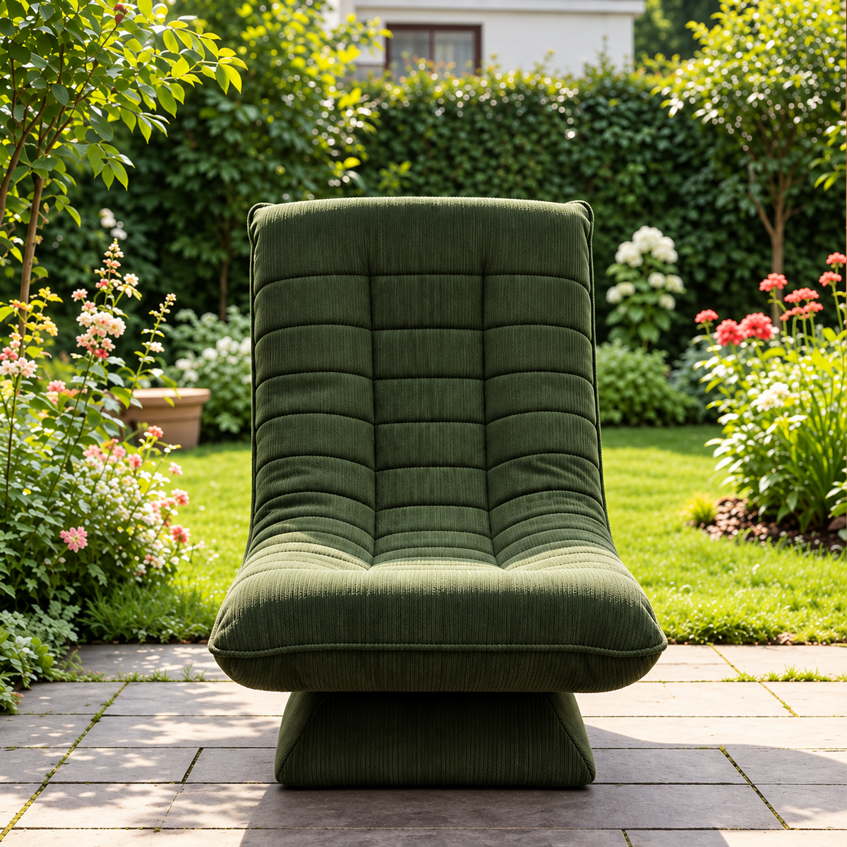 Fauteuil de relaxation Njal en velours côtelé vert foncé sur fond jardin