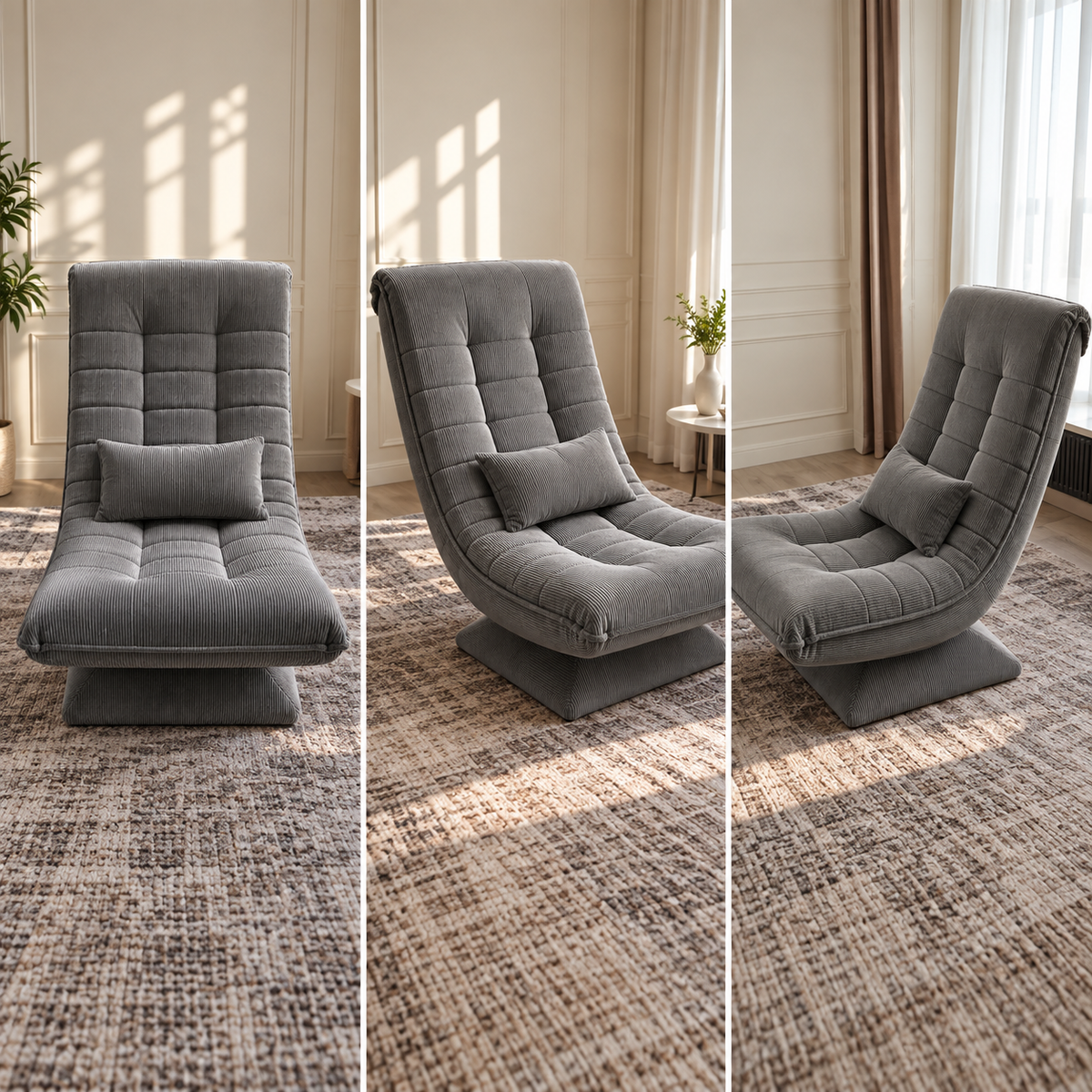 Fauteuil de relaxation Njal gris en velours côtelé dans un salon minimaliste