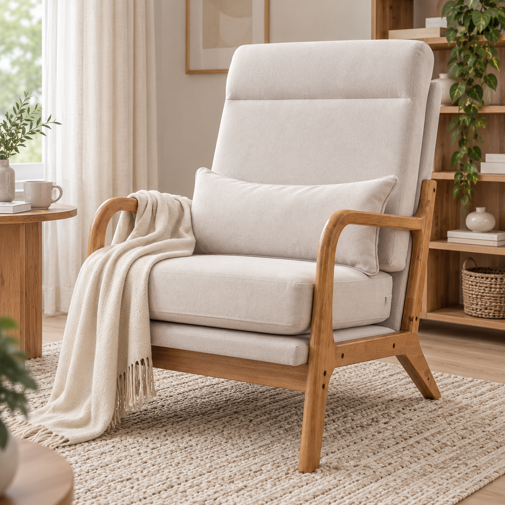 Fauteuil de salon Elyna crème avec coussin lombaire et structure en bois