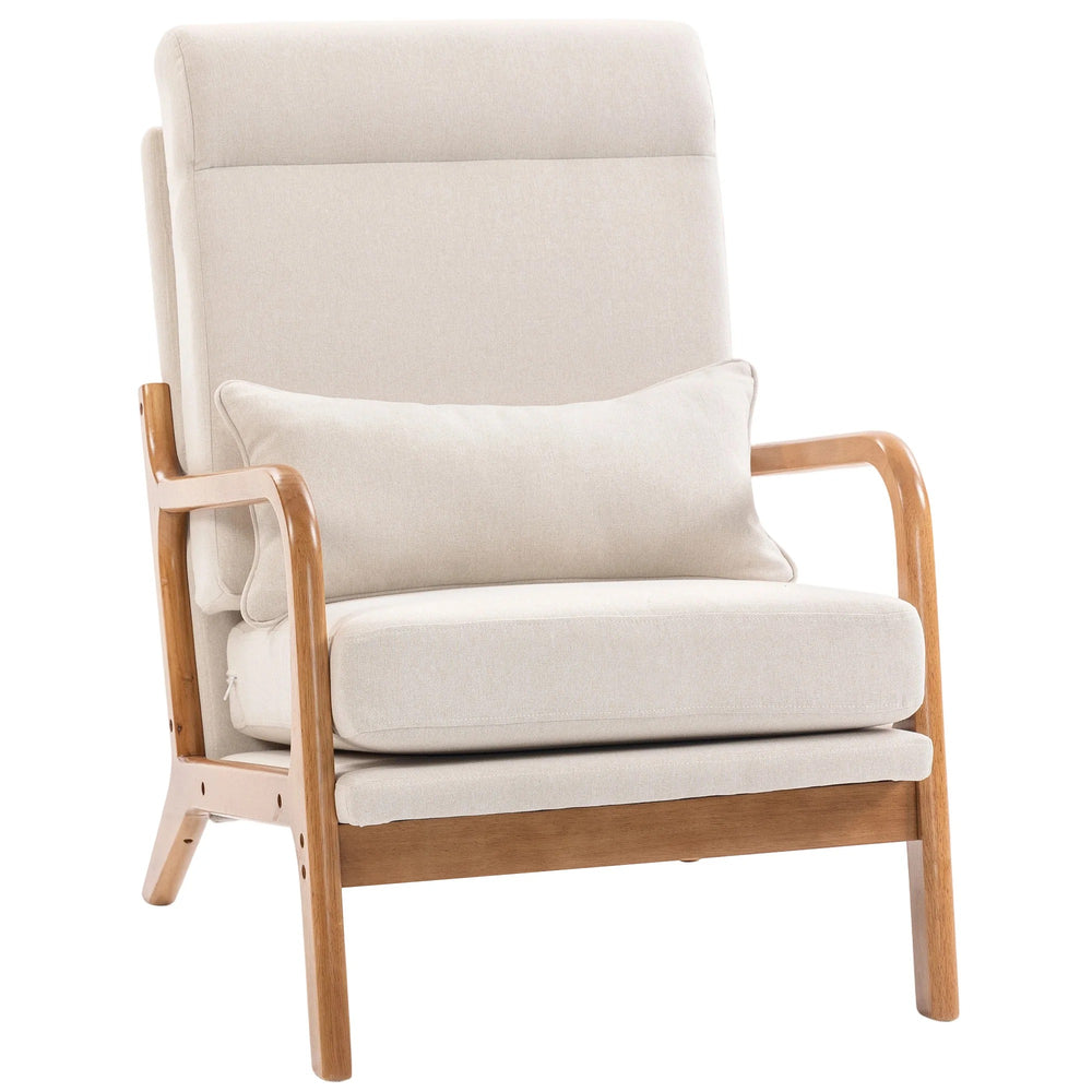 Fauteuil de salon Elyna crème avec coussin lombaire et structure en bois sur fond blanc