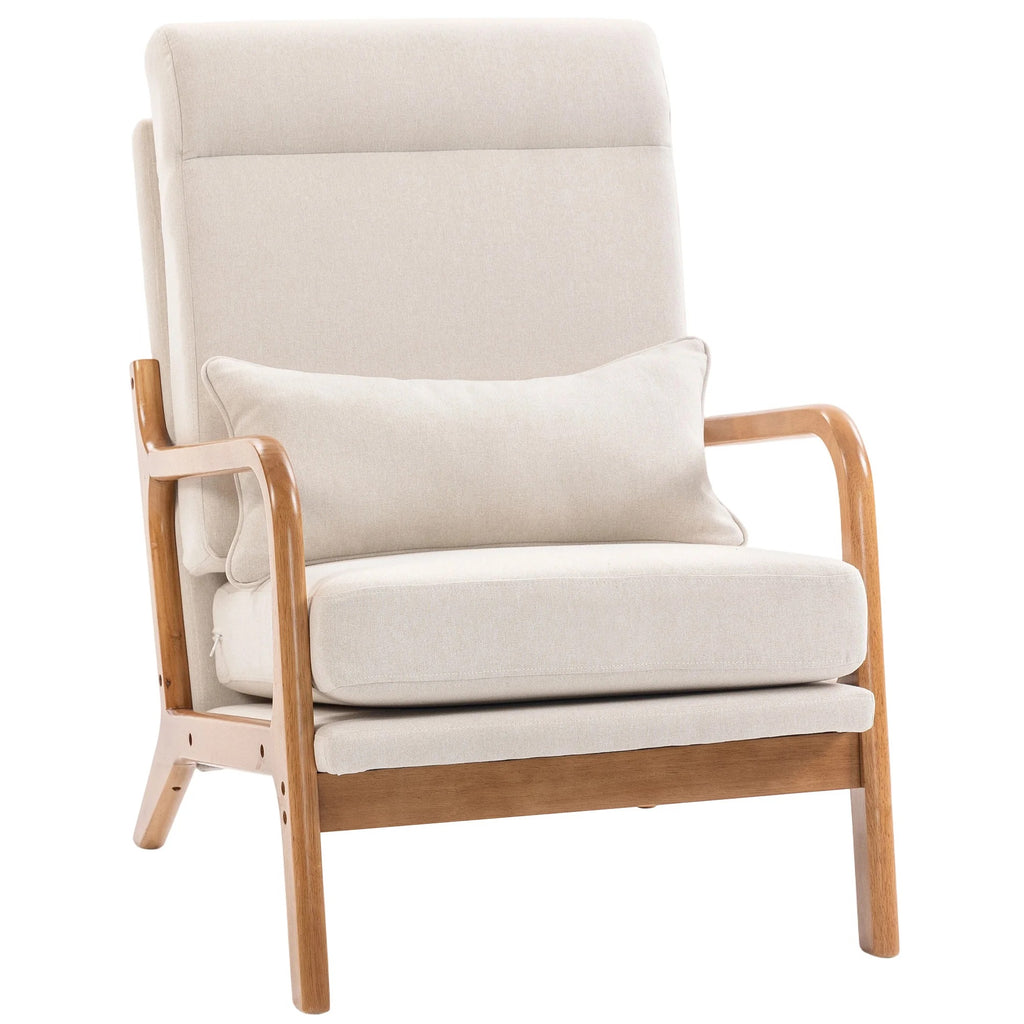 Fauteuil de salon Elyna crème avec coussin lombaire et structure en bois sur fond blanc