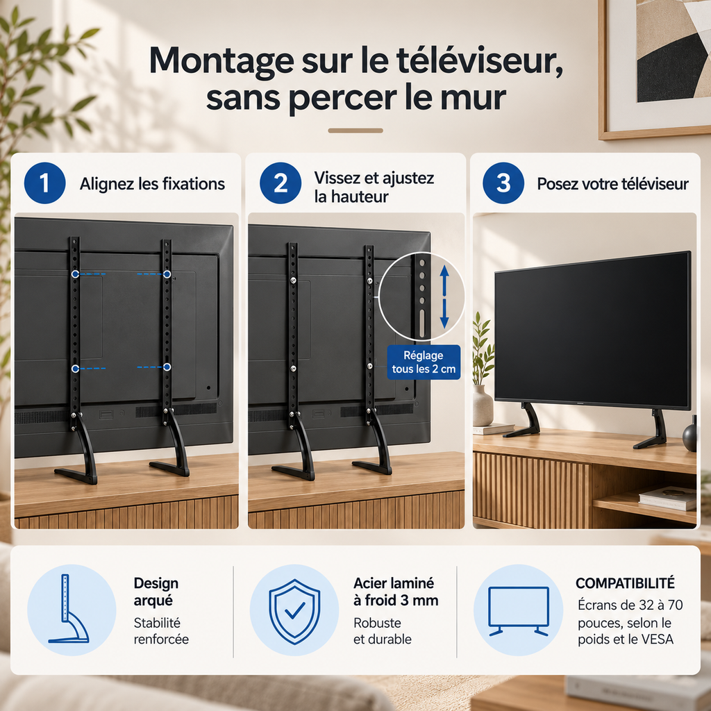 Installation du support TV de table Toren directement sur le téléviseur sans percer le mur