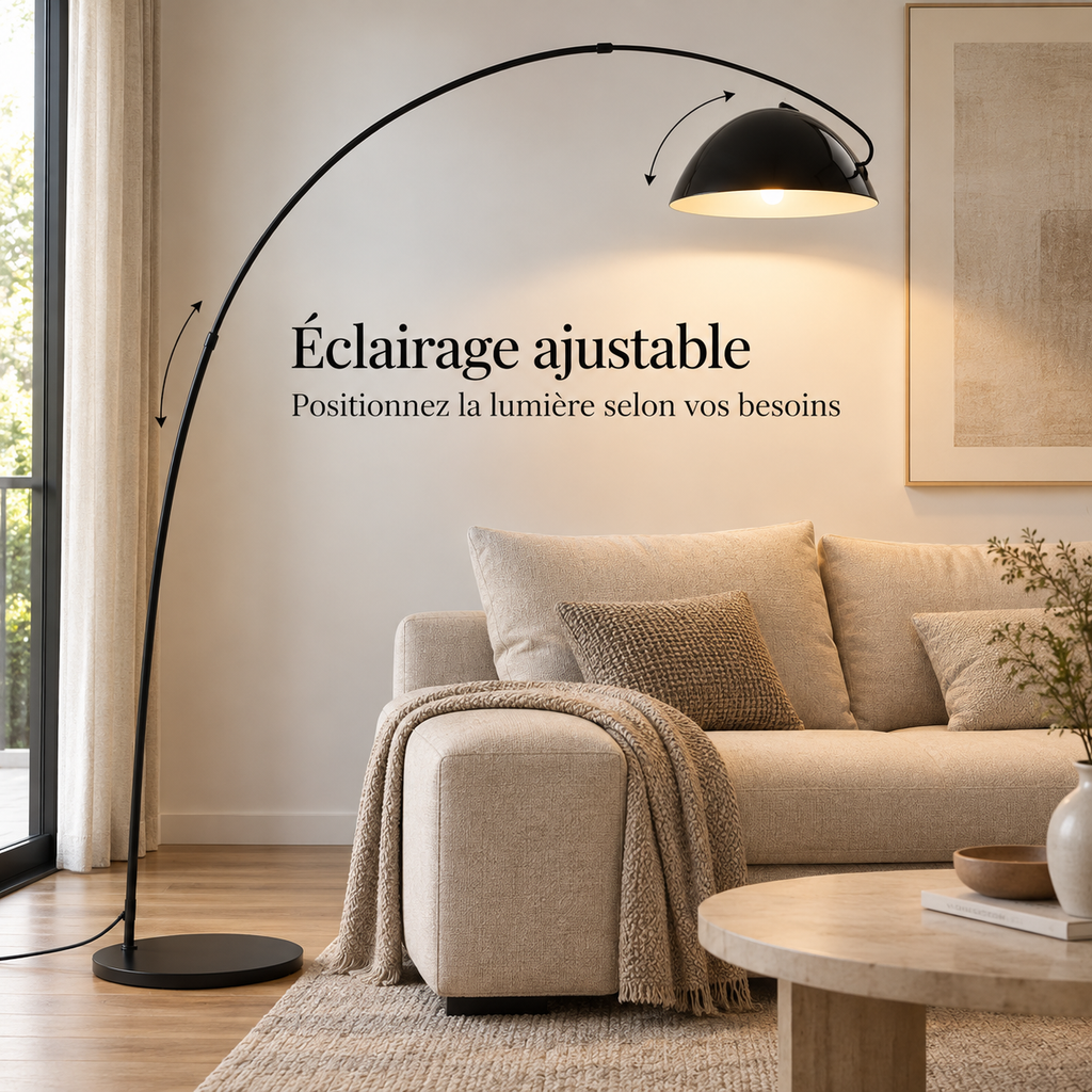 Lampadaire arqué Noren noir en métal dans un salon contemporain