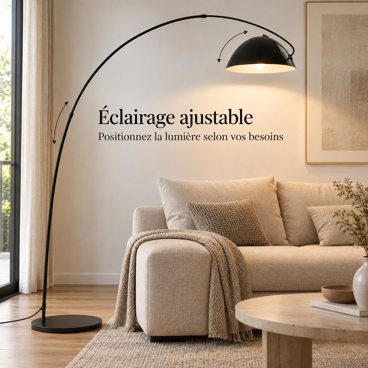 Lampadaire arqué Noren noir en métal dans un salon contemporain