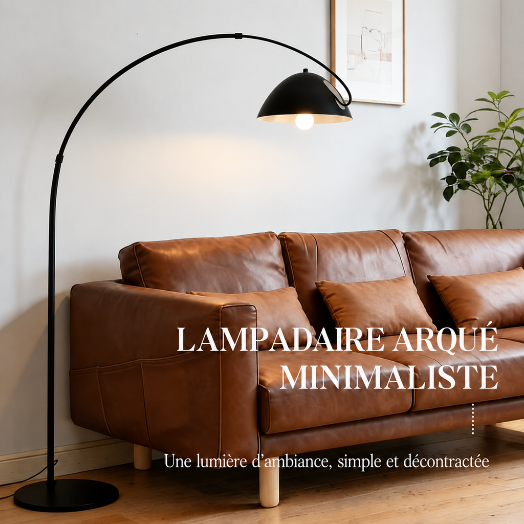 Lampadaire arqué Noren noir en métal dans un salon vintage
