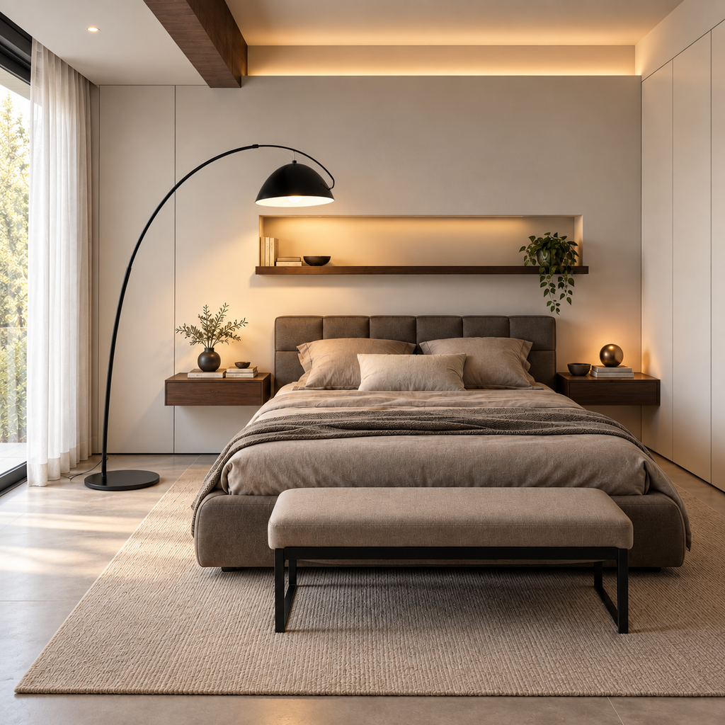 Lampadaire arqué Noren noir en métal dans une chambre contemporaine