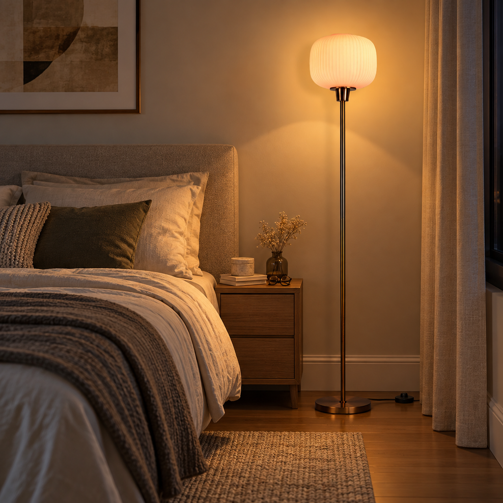 Lampadaire Avelis en verre strié blanc dans une chambre