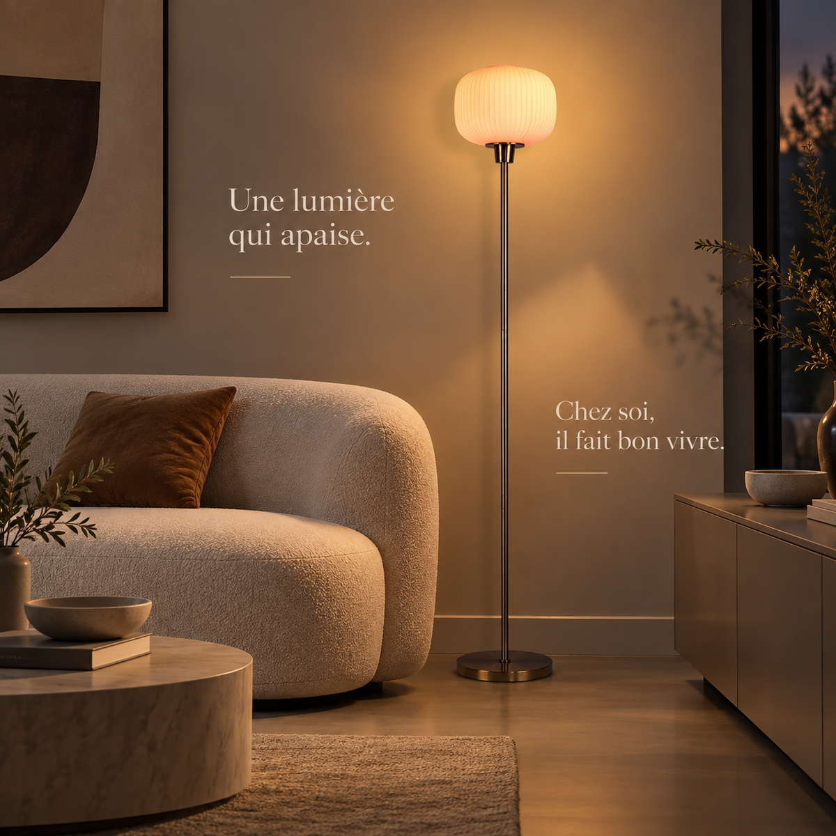 Lampadaire Avelis bronze doré installé près d'un fauteuil soirée