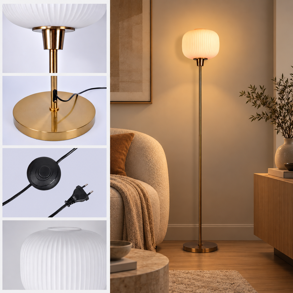 Lampadaire Avelis bronze doré installé près d'un fauteuil
