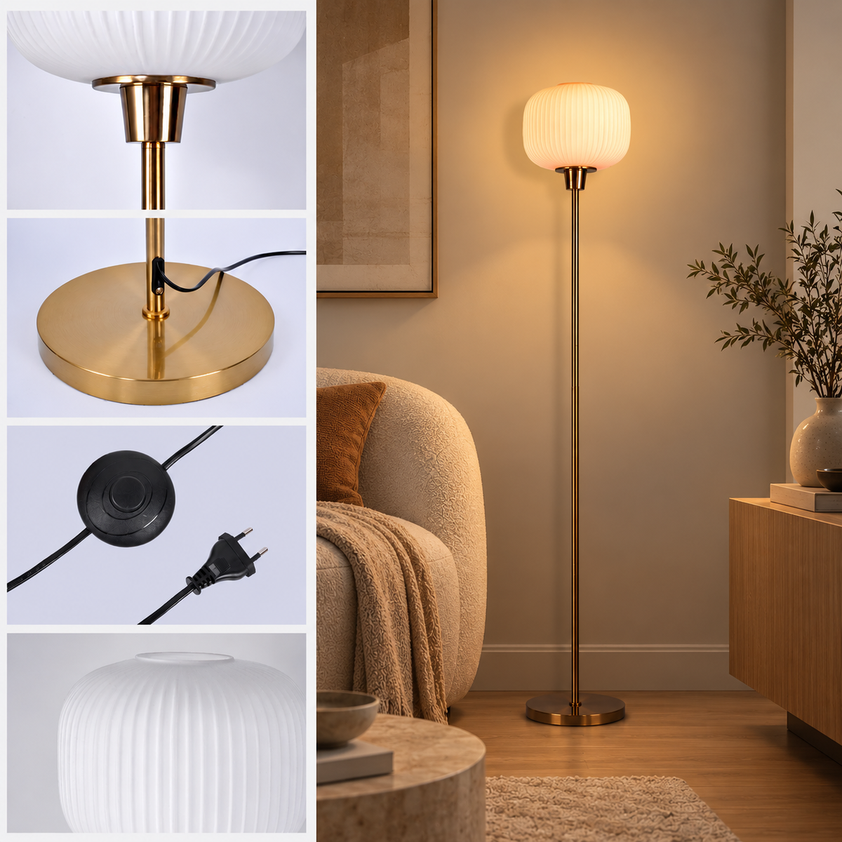 Lampadaire Avelis bronze doré installé près d'un fauteuil