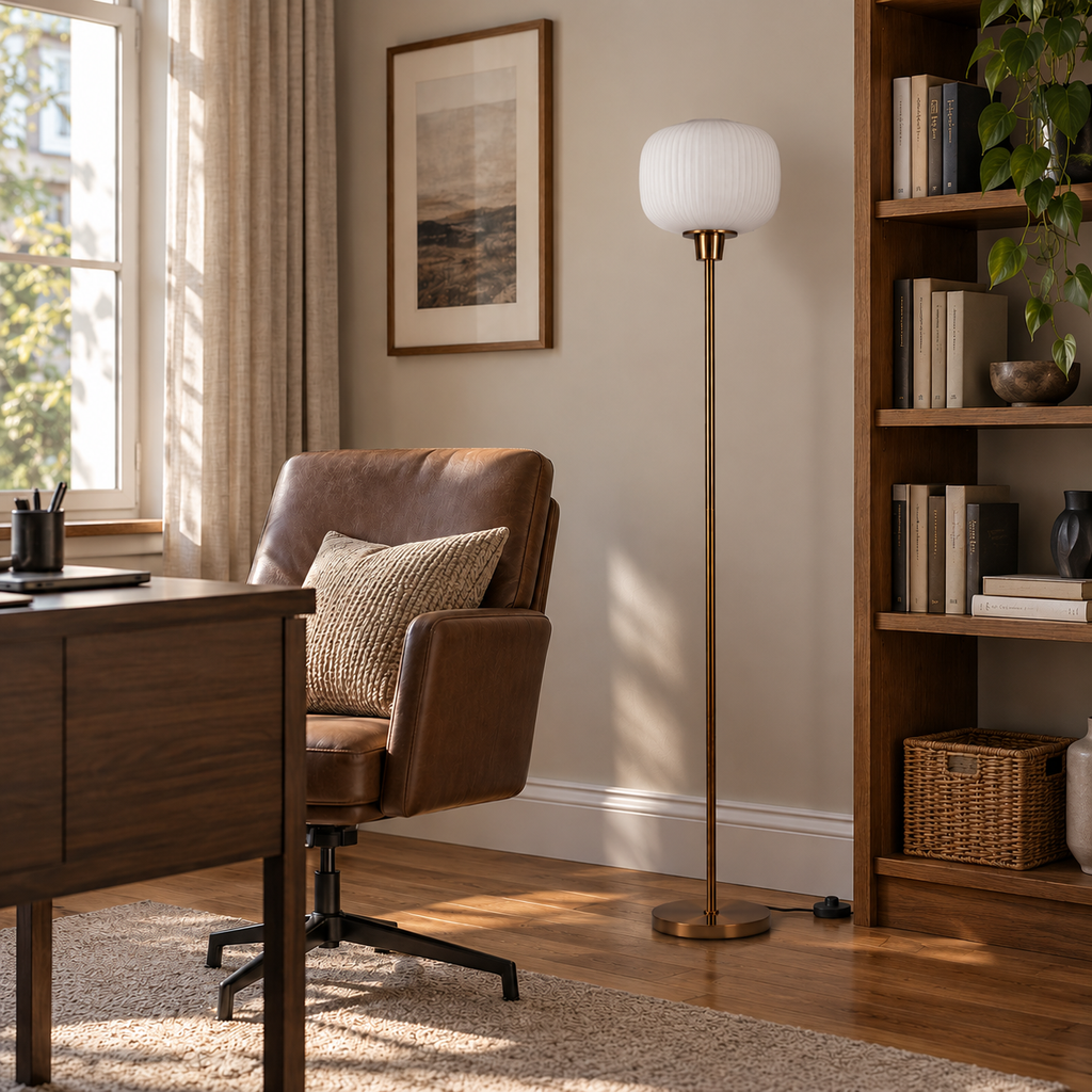 Lampadaire Avelis en verre strié blanc et bronze doré dans un salon