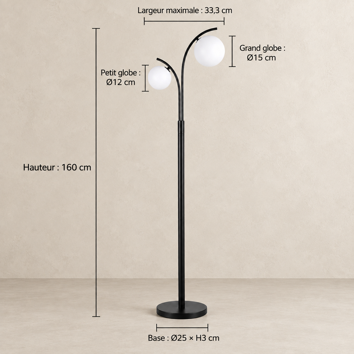 Dimensions du lampadaire Elira noir hauteur 160 cm