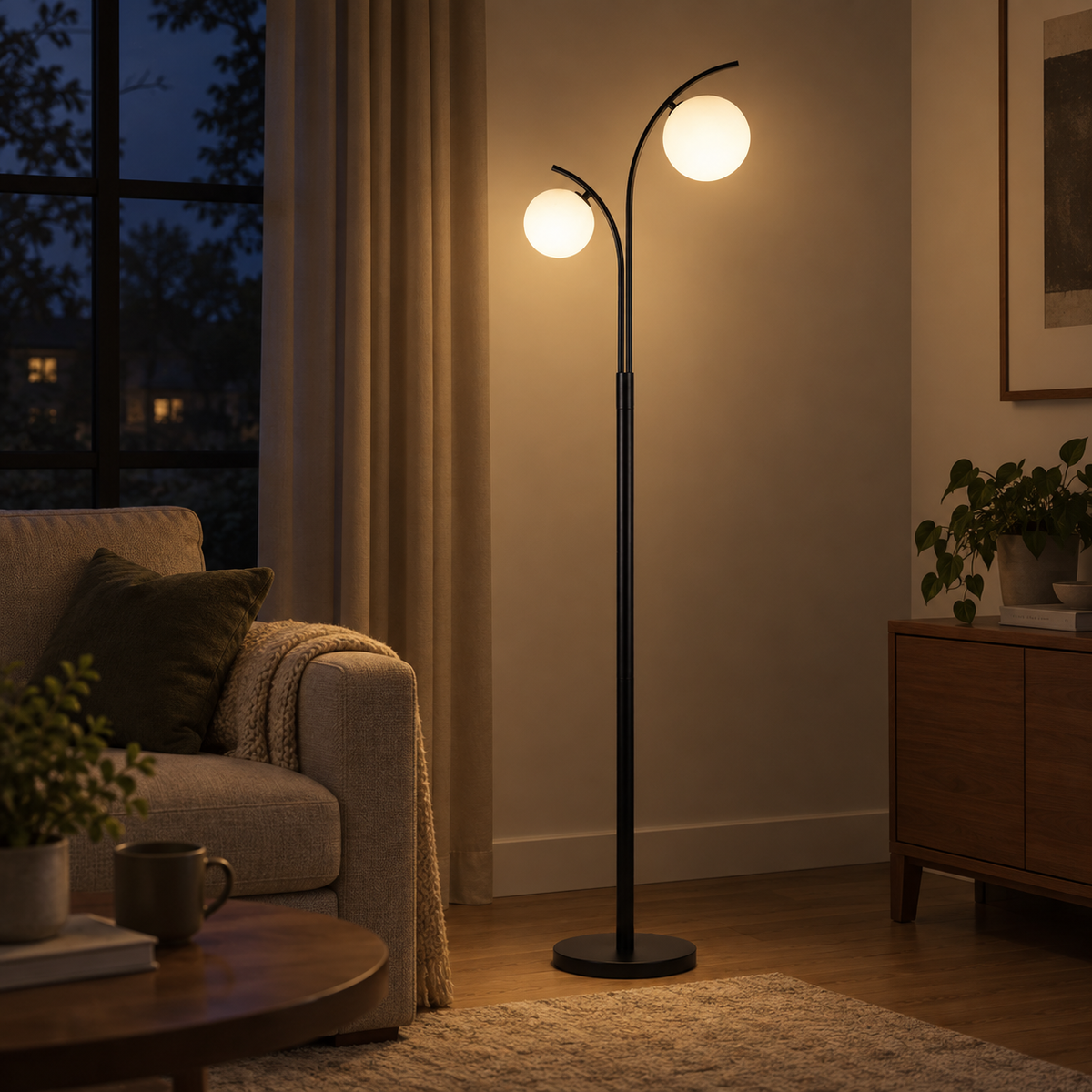 Lampadaire Elira noir éclairant un salon le soir