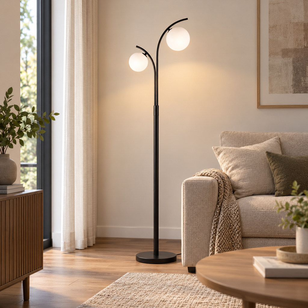 Lampadaire Elira noir à double globe dans un salon lumineux