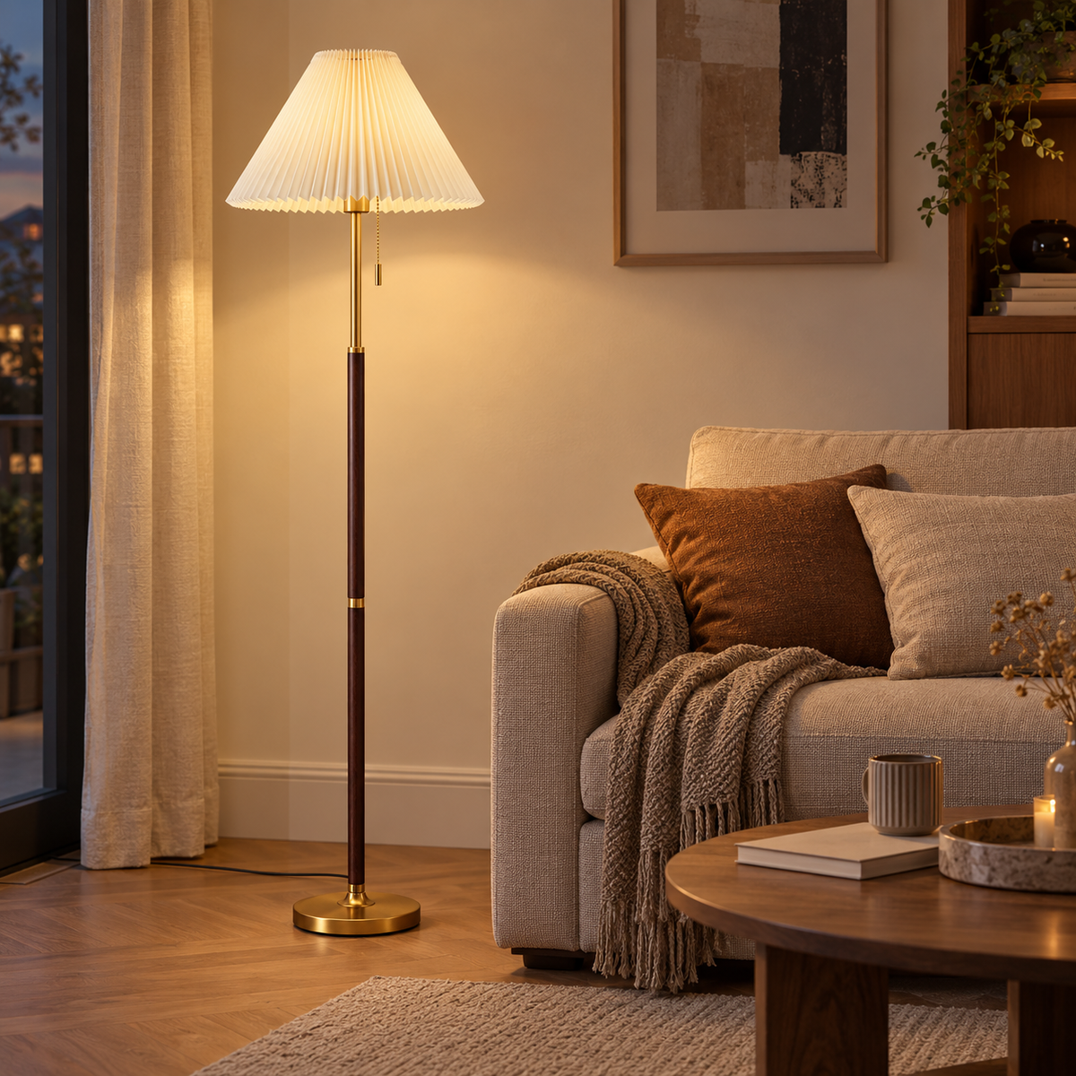 Détails du lampadaire Eloria en fer avec tissu plissé et finitions décoratives