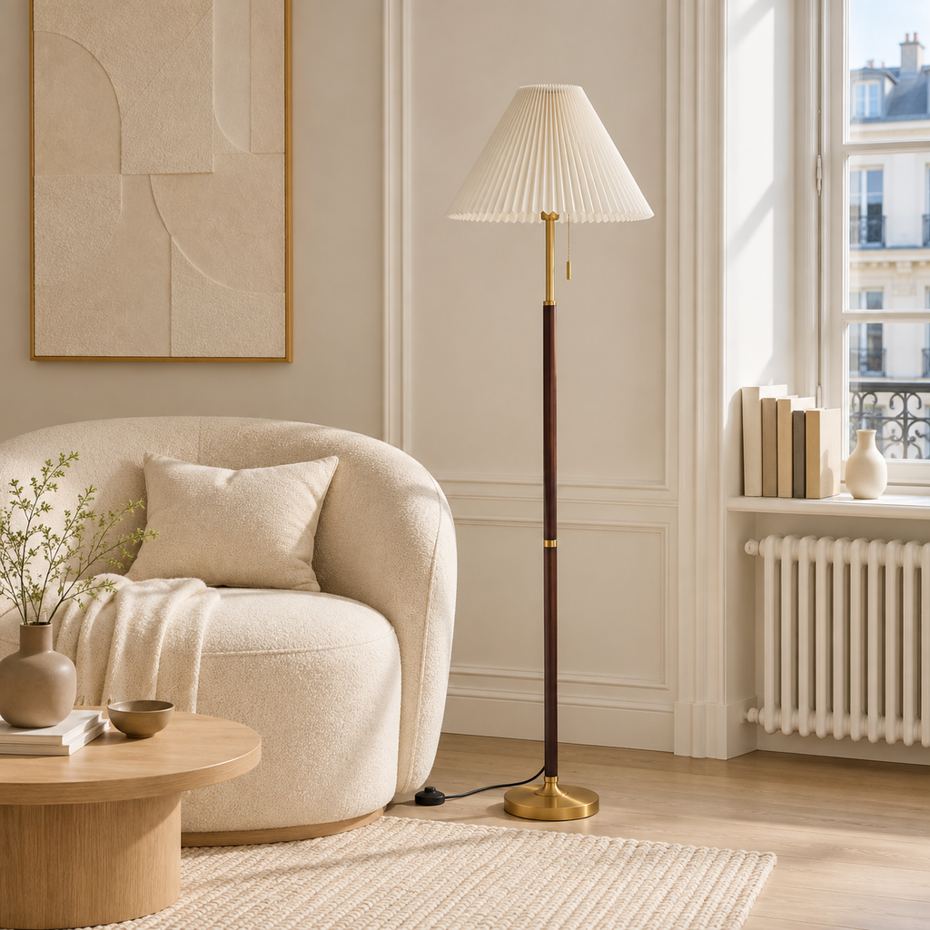 Lampadaire Eloria allumé dans un salon en début de journée