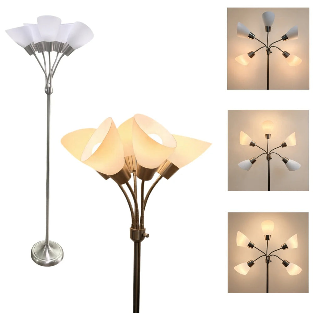 Lampadaire Elvyn nickel sable à 5 bras orientables blancs sur fond blanc