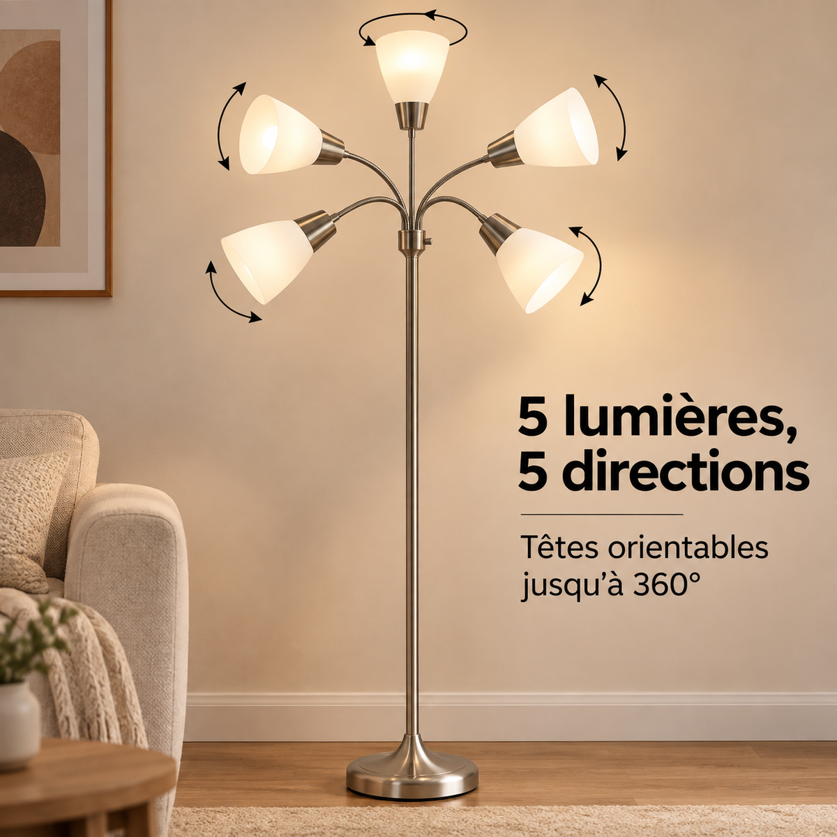 Cinq bras flexibles orientables du lampadaire Elvyn