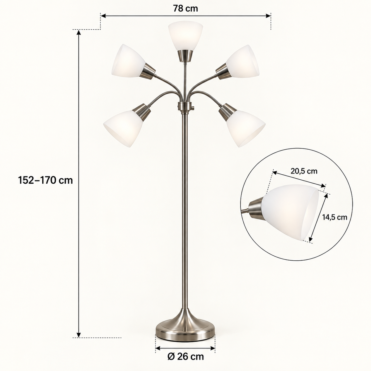 Dimensions du lampadaire Elvyn à 5 bras orientables