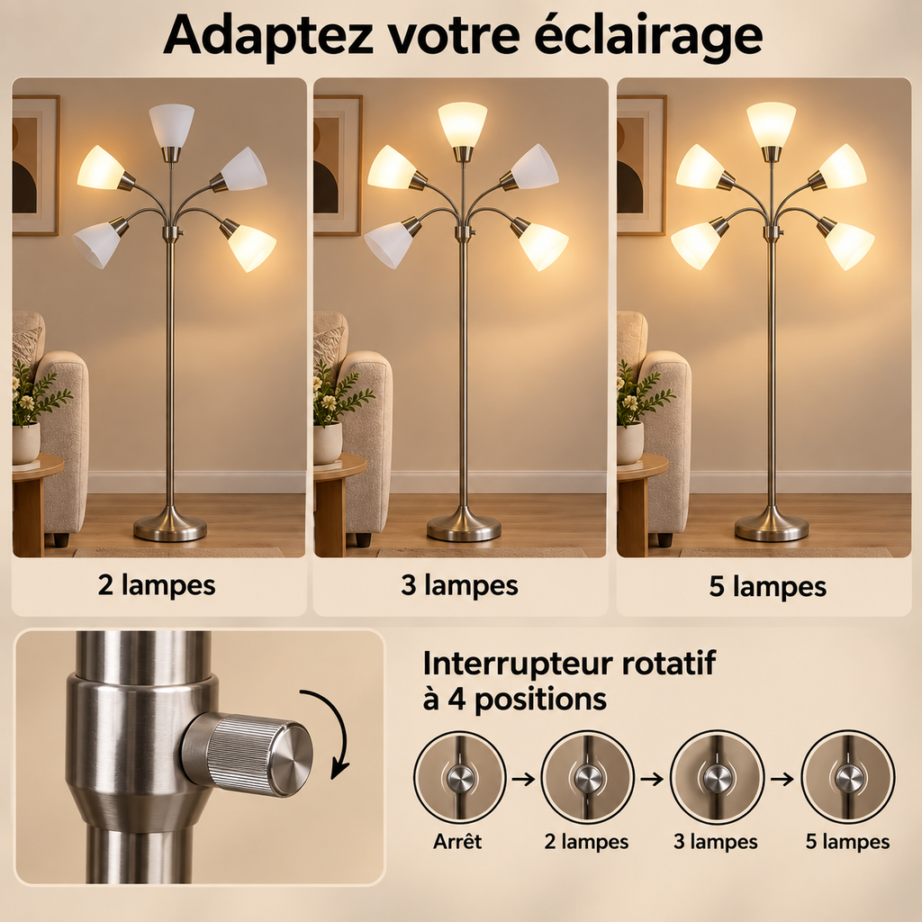 Lampadaire Elvyn avec éclairage modulable sur 2, 3 ou 5 lampes