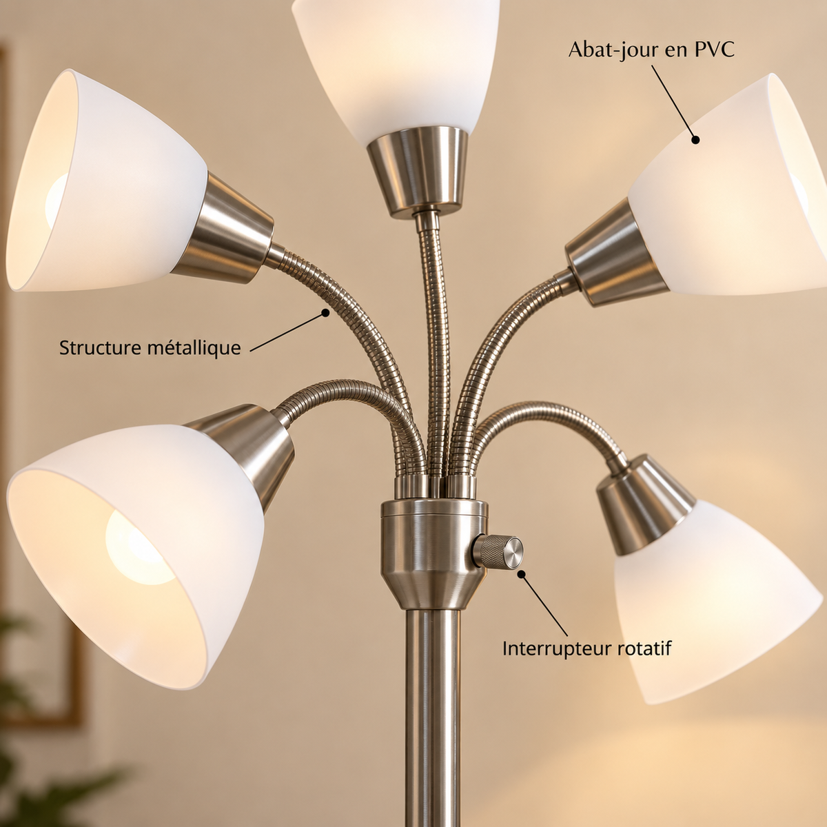 Détails métal nickel sable et abat-jour PVC du lampadaire Elvyn