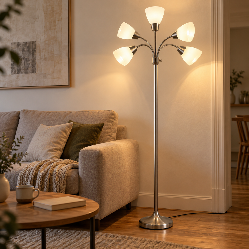 Lampadaire Elvyn à 5 bras dans un salon moderne