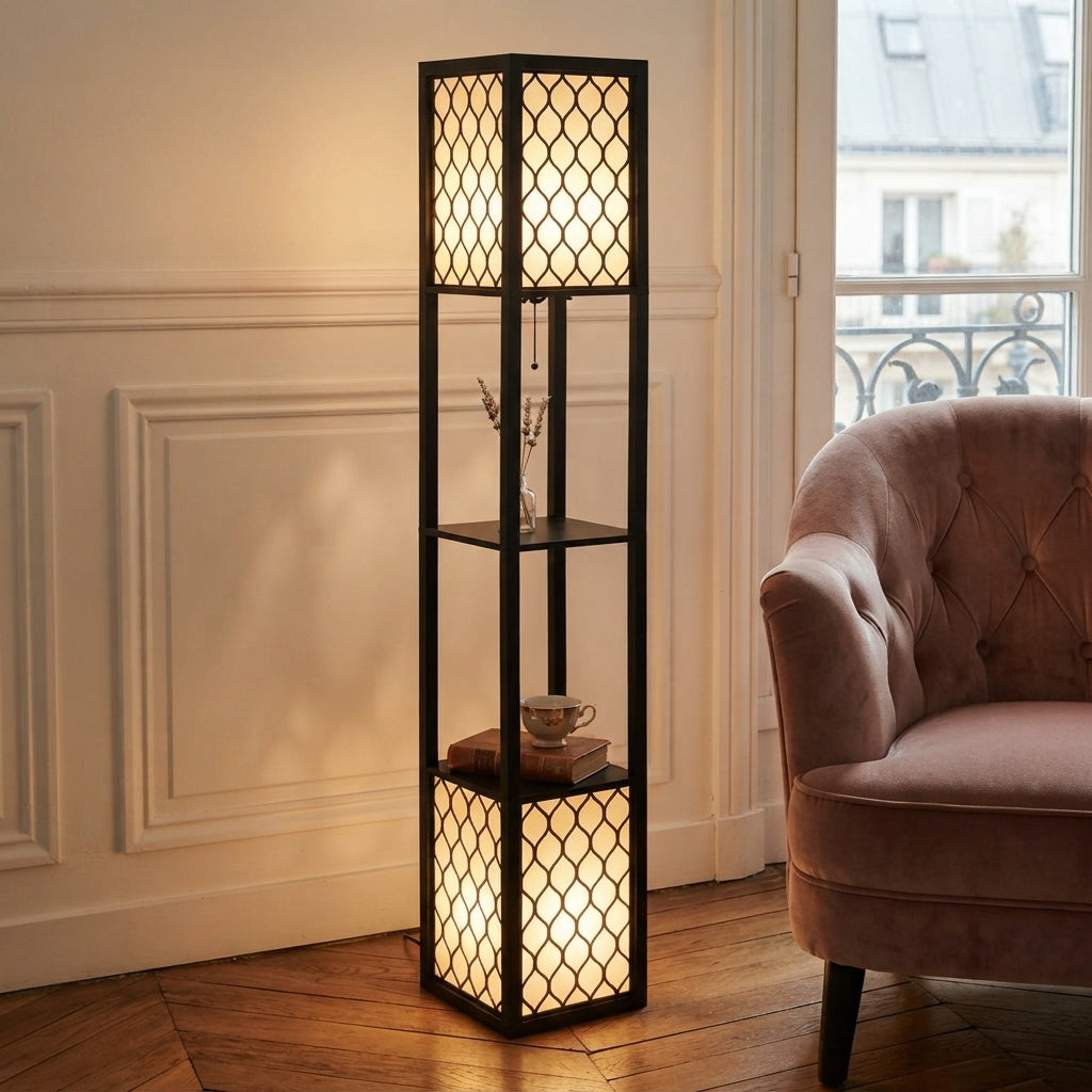  Lampadaire étagère Soren noir avec deux éclairages dans un salon moderne
