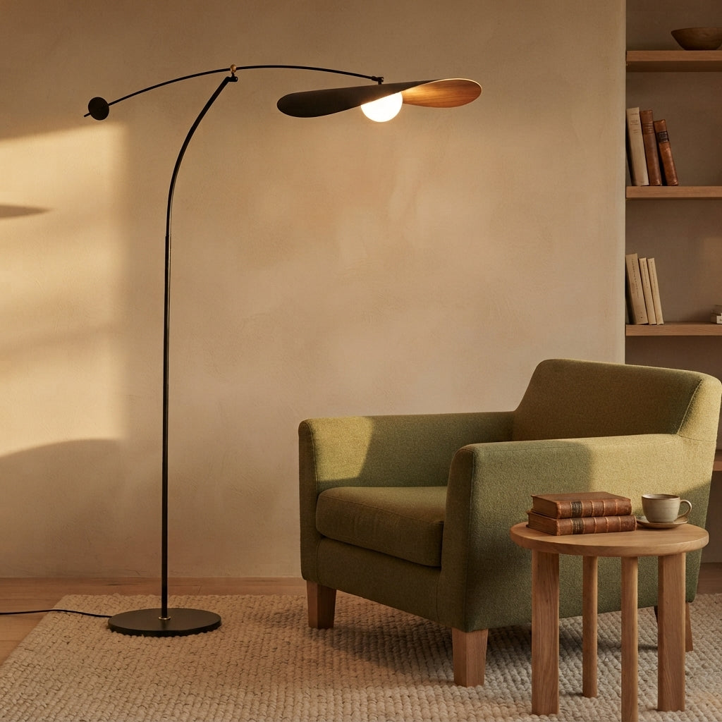 Lampadaire Kaiven noir positionné au-dessus d’un canapé dans un salon