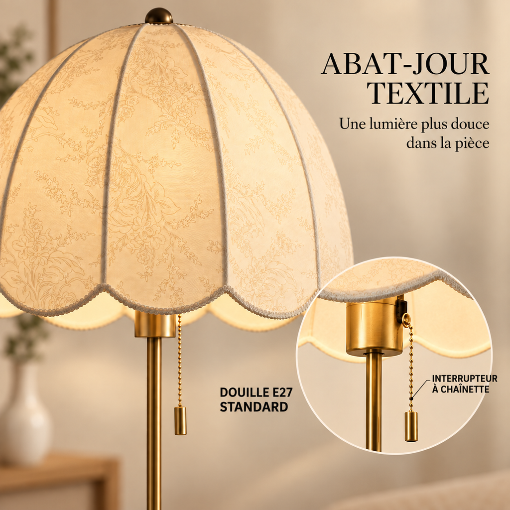 Détail de l’abat-jour en tissu imprimé du lampadaire Nélia