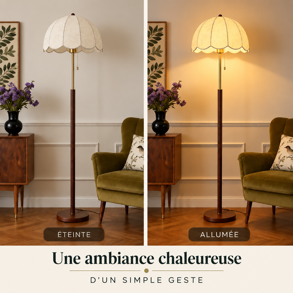 Lampadaire Nélia allumé près d’un fauteuil 