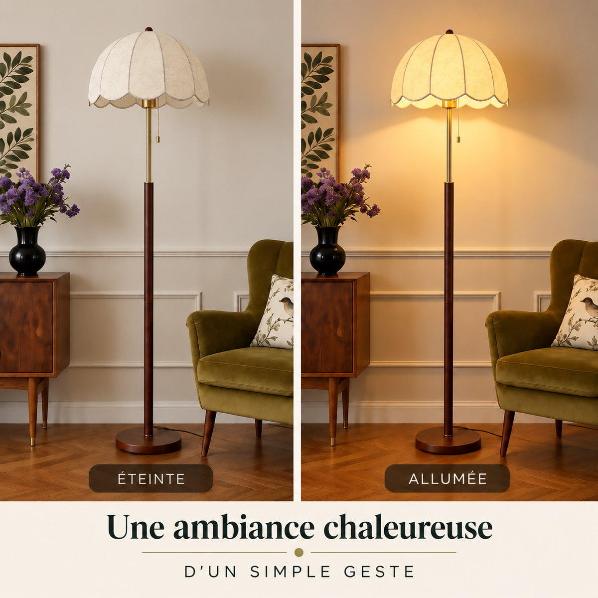 Lampadaire Nélia allumé près d’un fauteuil 