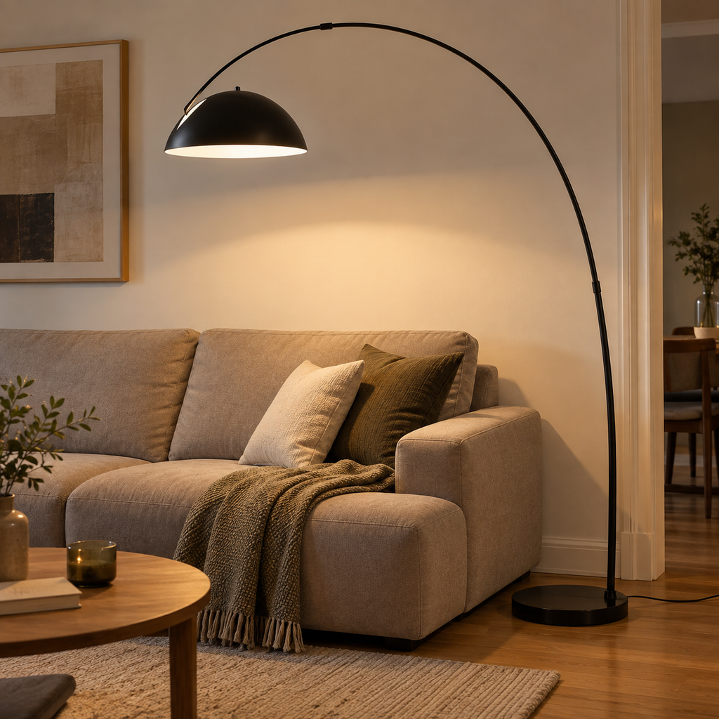 Lampadaire arqué Noren noir allumé dans un salon 