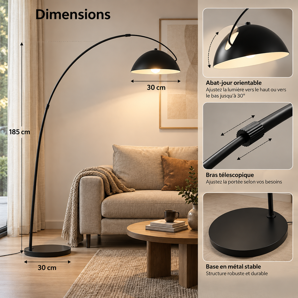 Dimensions du lampadaire arqué Noren hauteur 185 cm et base 30 cm