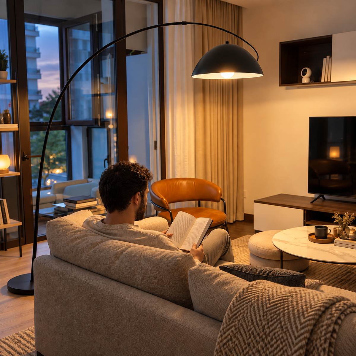 Lampadaire Noren noir dirigeant la lumière vers un canapé