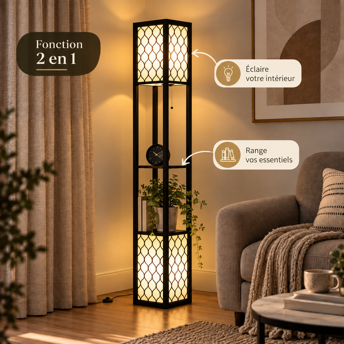Vue complète du lampadaire étagère Soren noir