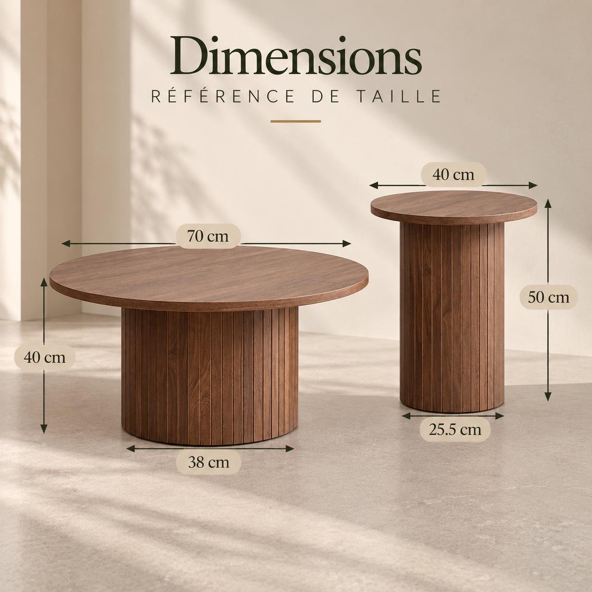 Dimensions des tables Lumo : grande Ø 70 × H 40 cm, petite Ø 40 × H 50 cm