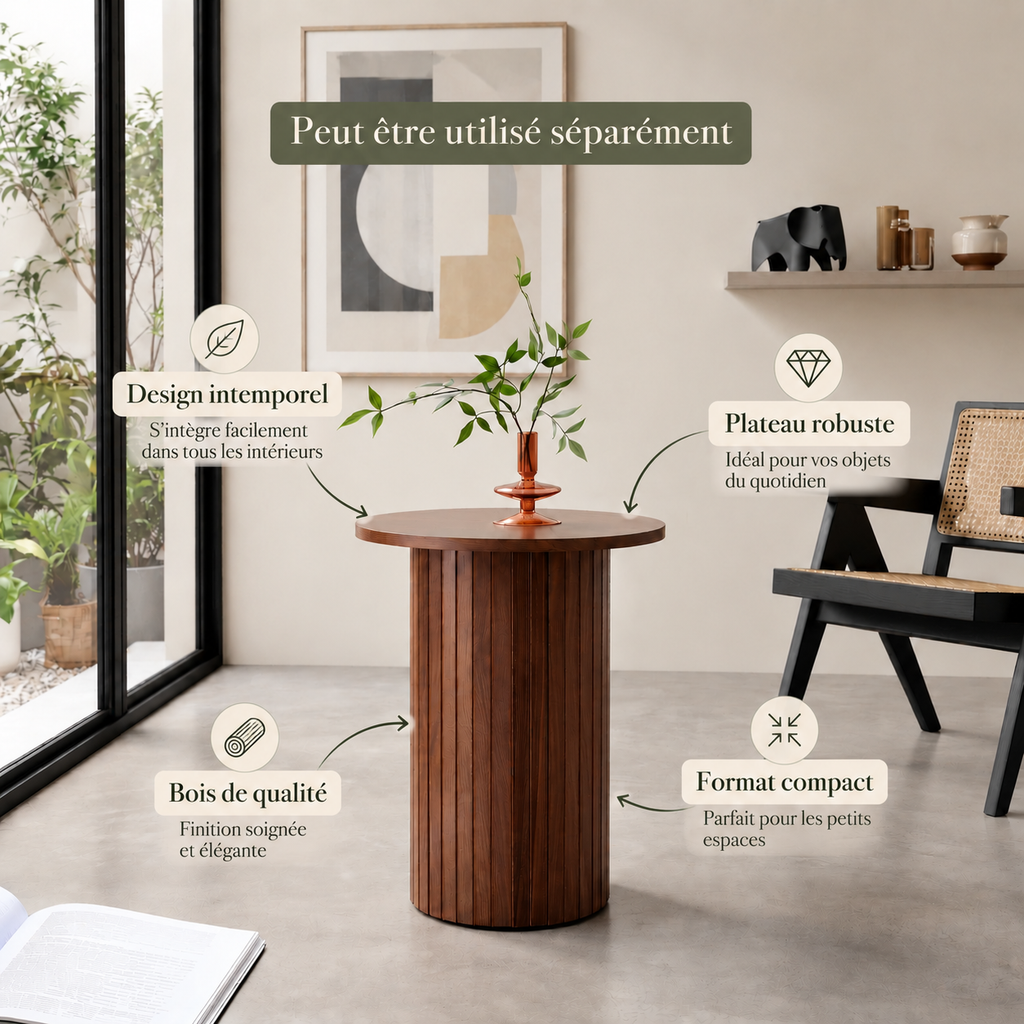 Petite table ronde Lumo bois foncé utilisée seule comme table d'appoint