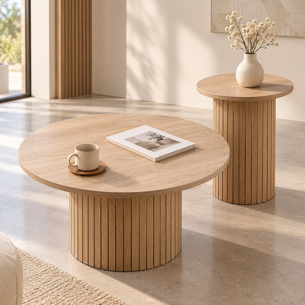 Duo de tables rondes Lumo finition bois clair devant un canapé blanc