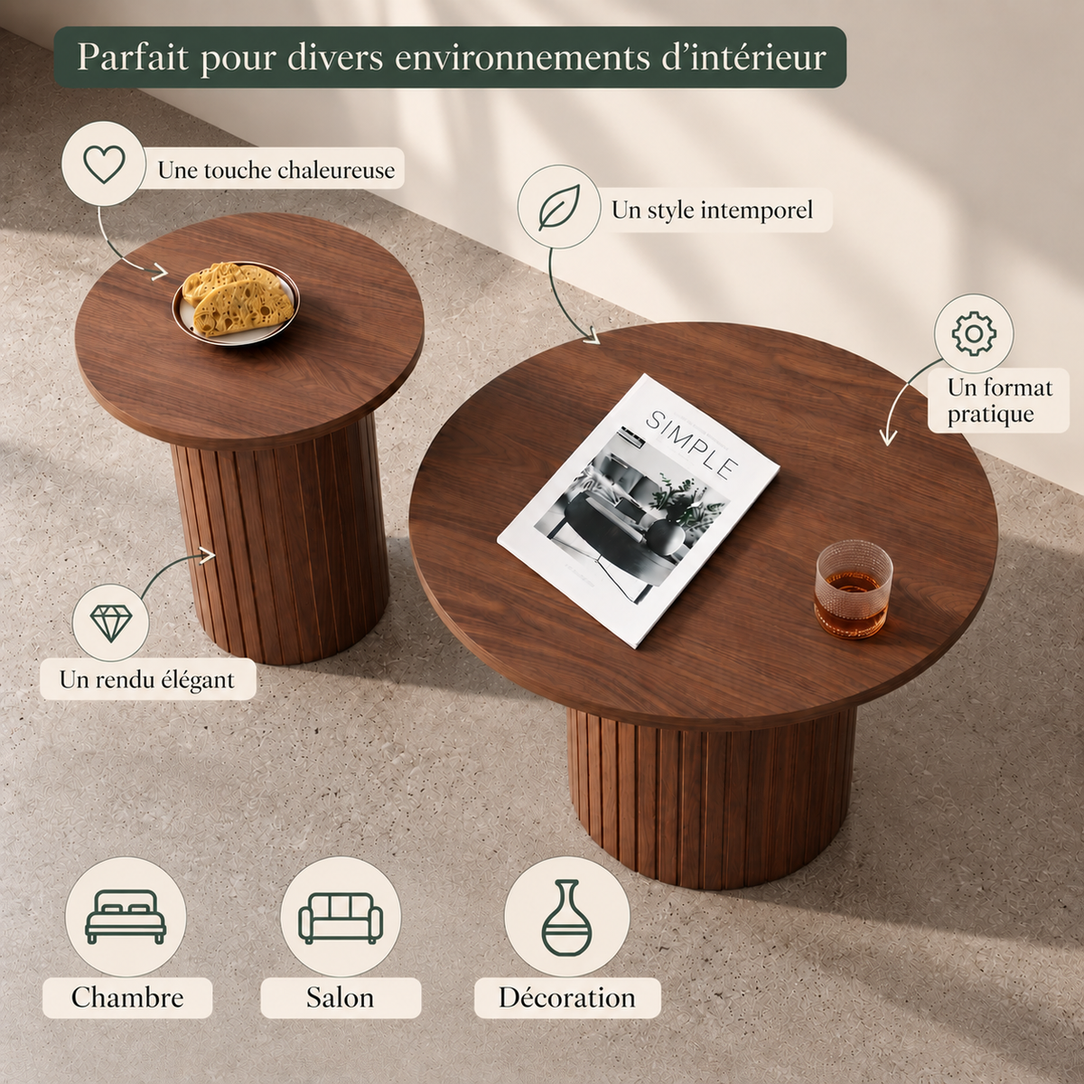 Tables Lumo bois foncé présentées pour le salon, la chambre et la décoration