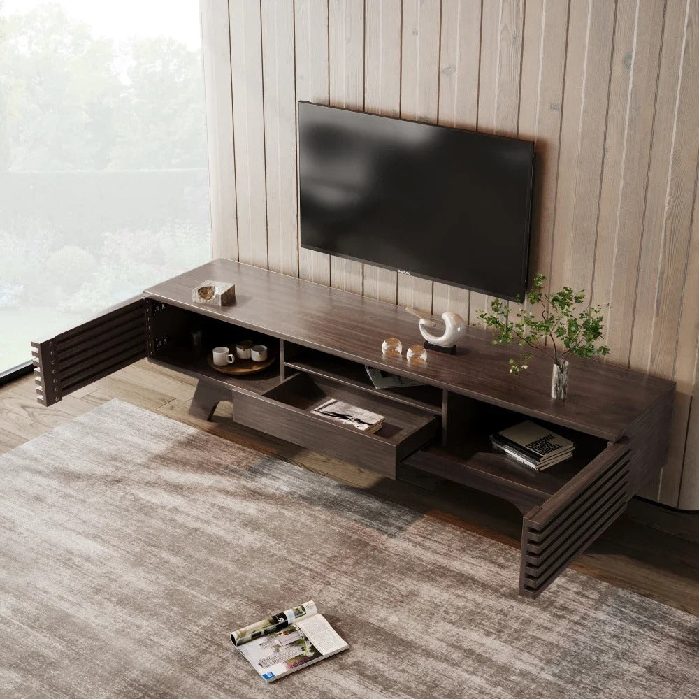 Meuble TV Roven 150 cm – Bois foncé à lames