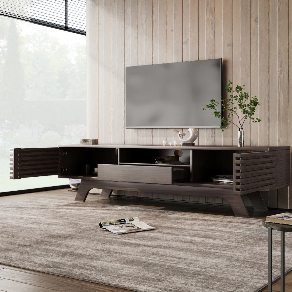 Meuble TV Roven 150 cm – Bois foncé à lames
