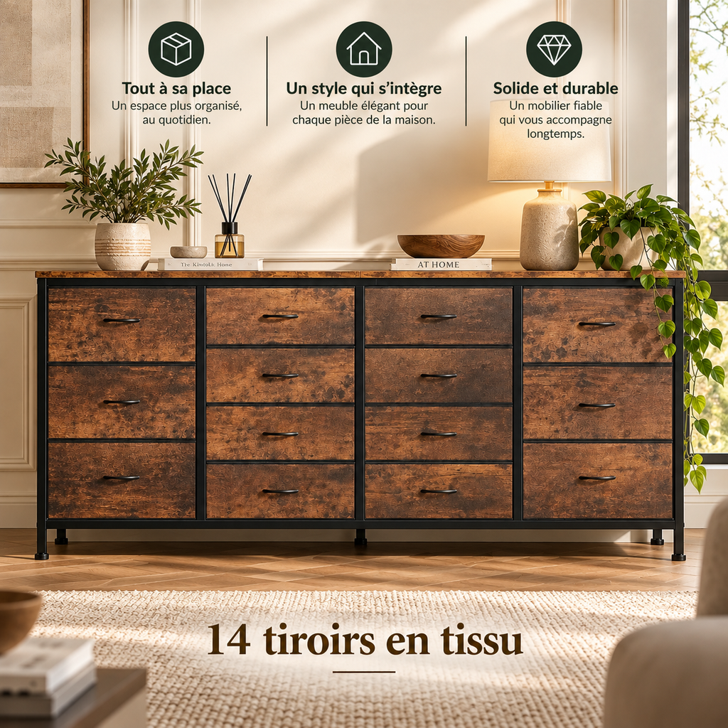 Détail de la structure métallique et des pieds réglables du meuble Commode TV Ryden