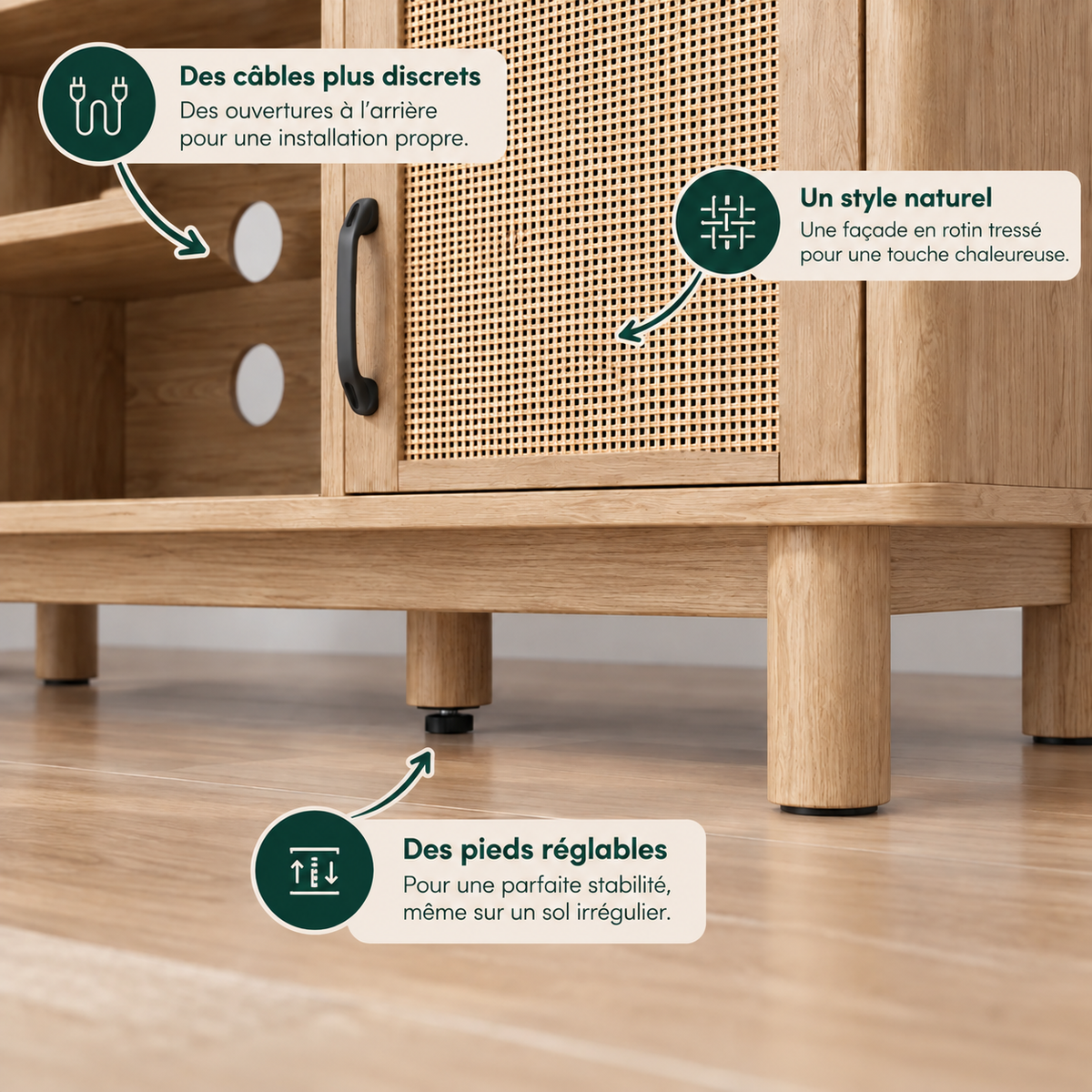 Pieds en pin et pieds centraux réglables du meuble TV Alva