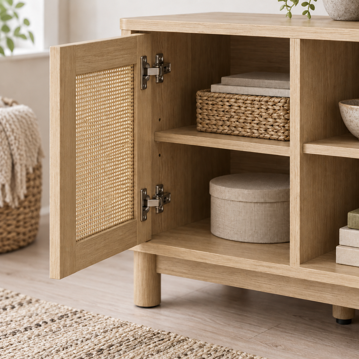 Charnières et rangement du meuble TV Alva