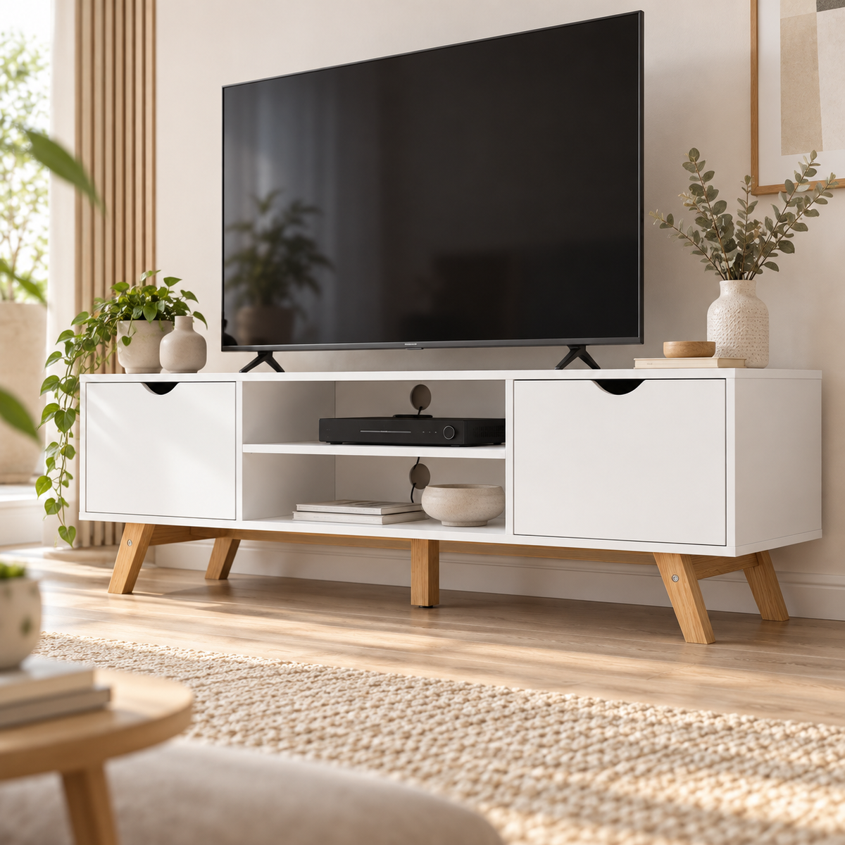 Meuble TV Alven blanc et bois dans un salon lumineux