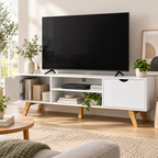 Détail des pieds en bois d'hévéa du meuble TV Alven